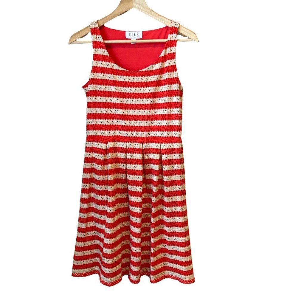 Elle Coral & Tan Crochet Striped A Line Skater Dress